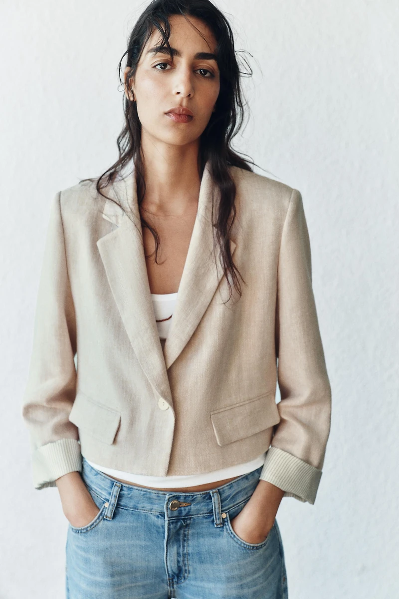 LINEN CROPPED BLAZER WITH SHOULDER PADS