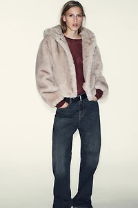 SHORT FAUX FUR HOODIE COAT