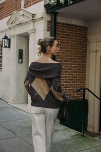 ARGYLE OFF-THE-SHOULDER KNIT SWEATER