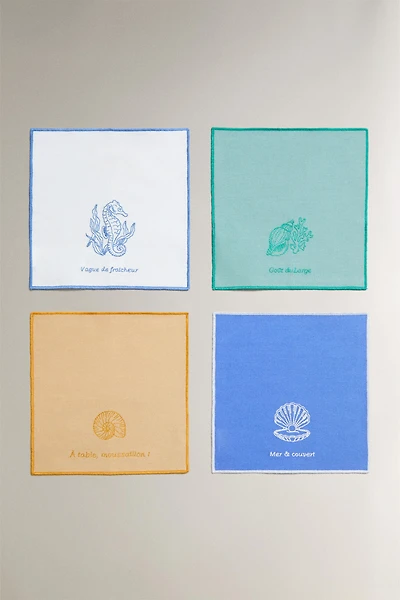 LOT DE 4 SERVIETTES DE TABLE COCKTAIL BRODERIE MARINE