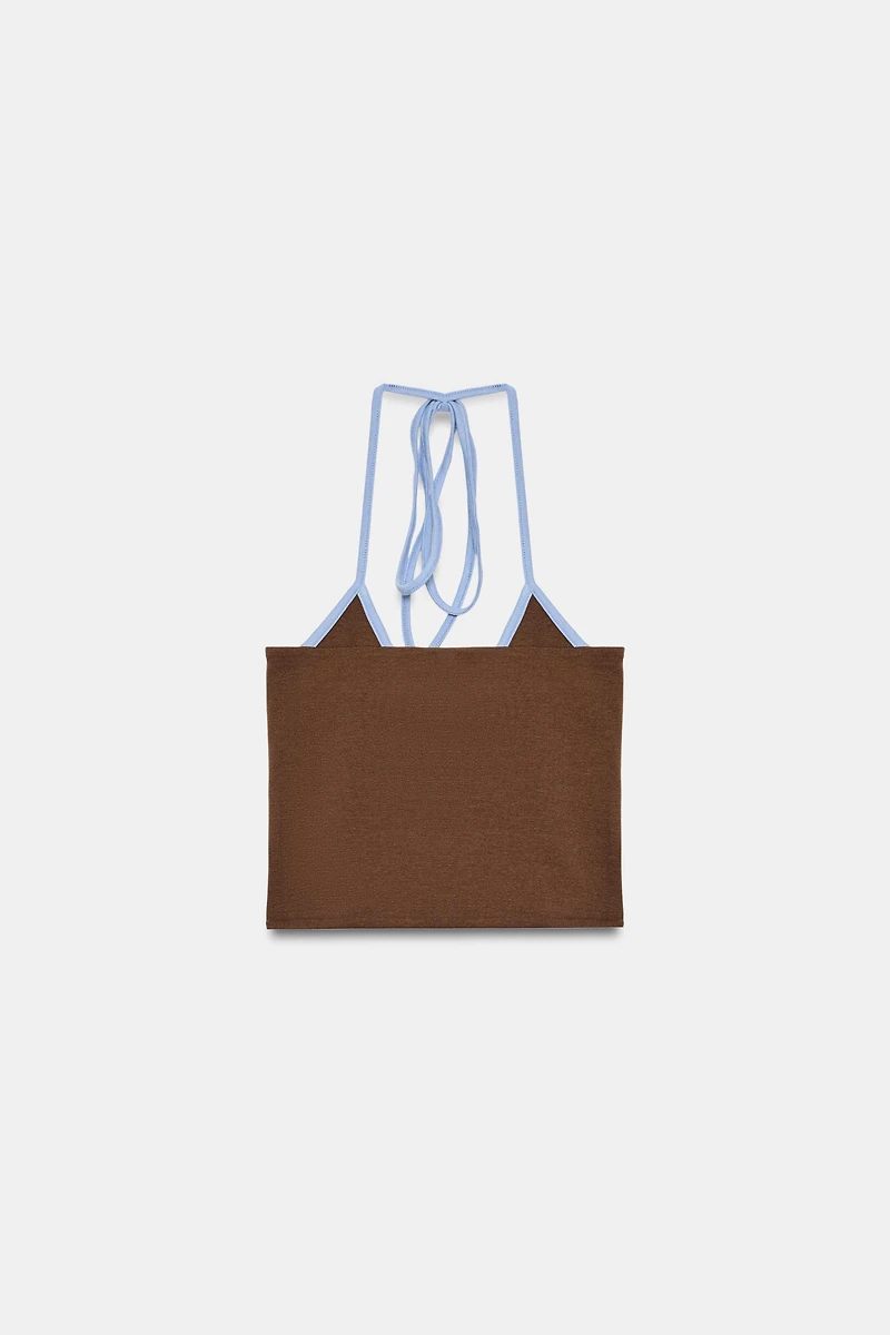 CONTRAST TRIM HALTER CROP TOP