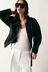 FAUX LEATHER BELTED JACKET