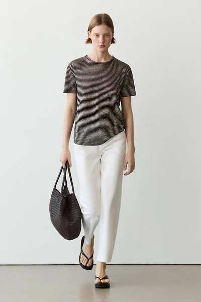 100% linen regular fit striped T-shirt