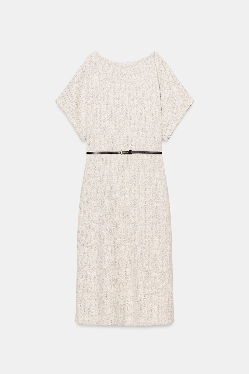 TEXTURED BELTED MIDI DRESS