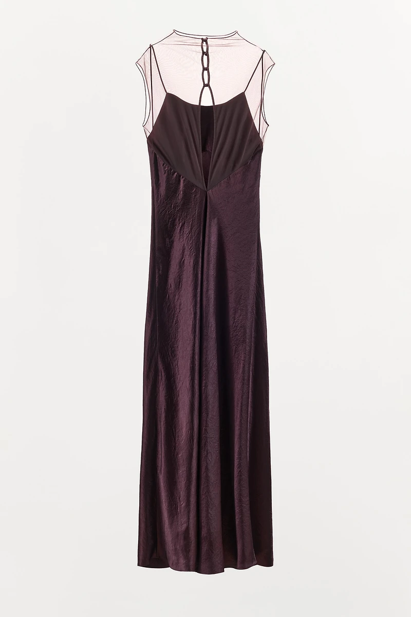 LONG SATIN EFFECT MESH DRESS