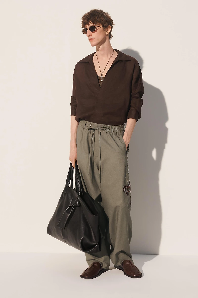 CONTRAST EMBROIDERED LINEN-COTTON PANTS
