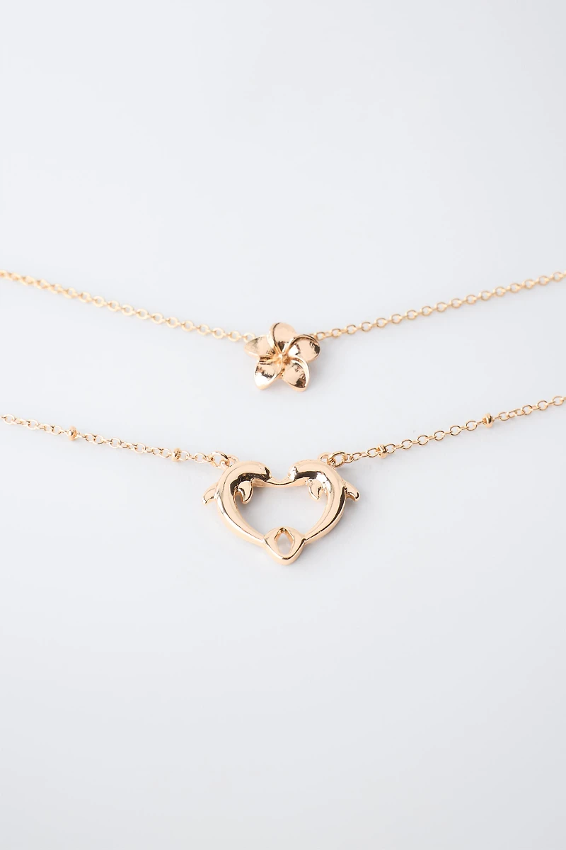 TWO-PACK OF DOLPHIN AND HIBISCUS PENDANT NECKLACES