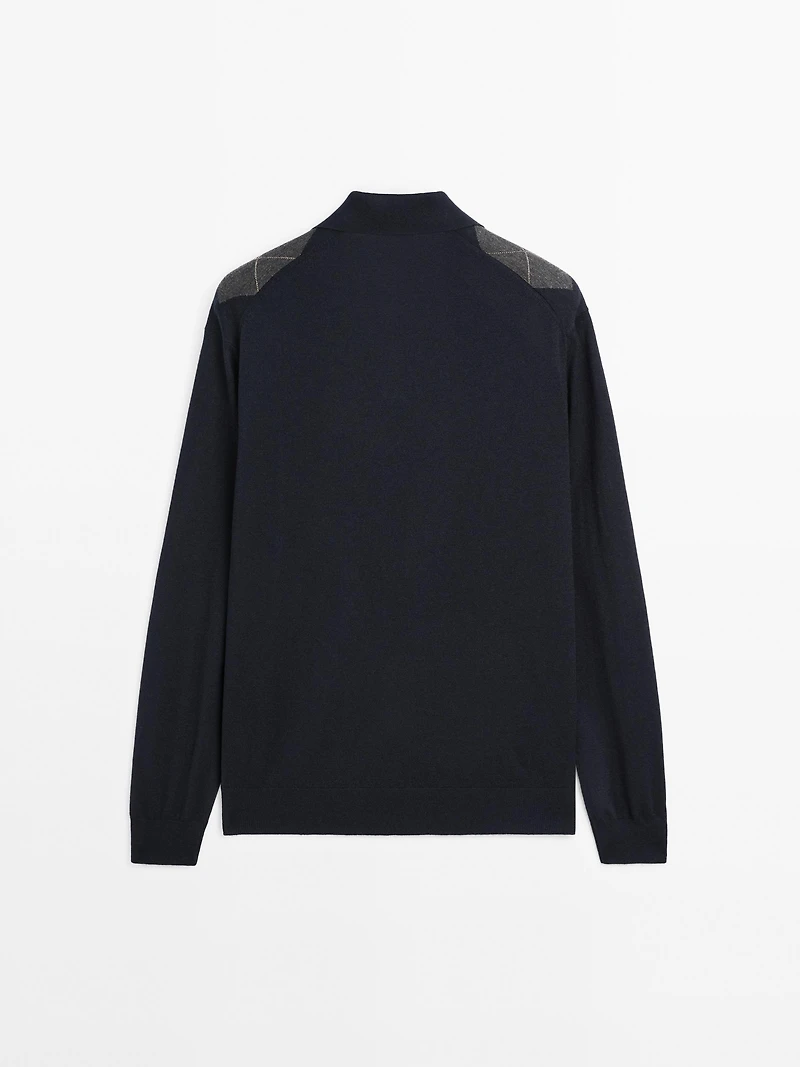 Wool blend Argyle knit polo sweater