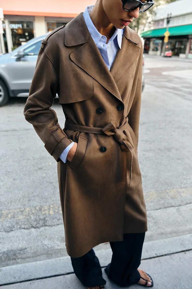 LONG SUEDE EFFECT BELTED TRENCH COAT