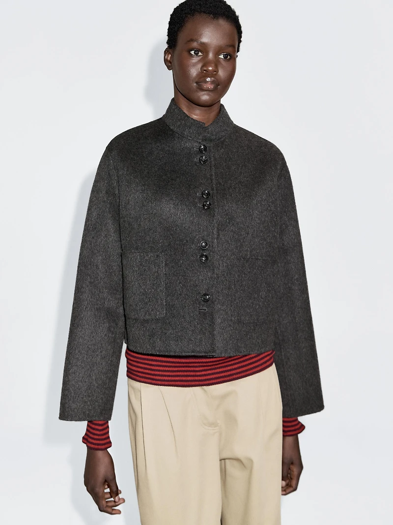 Short double-breasted wool blend jacket