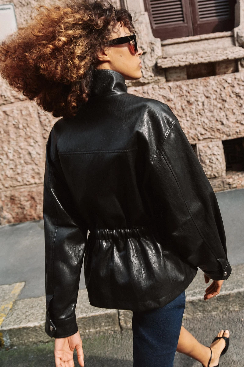 FAUX LEATHER HIGH COLLAR JACKET