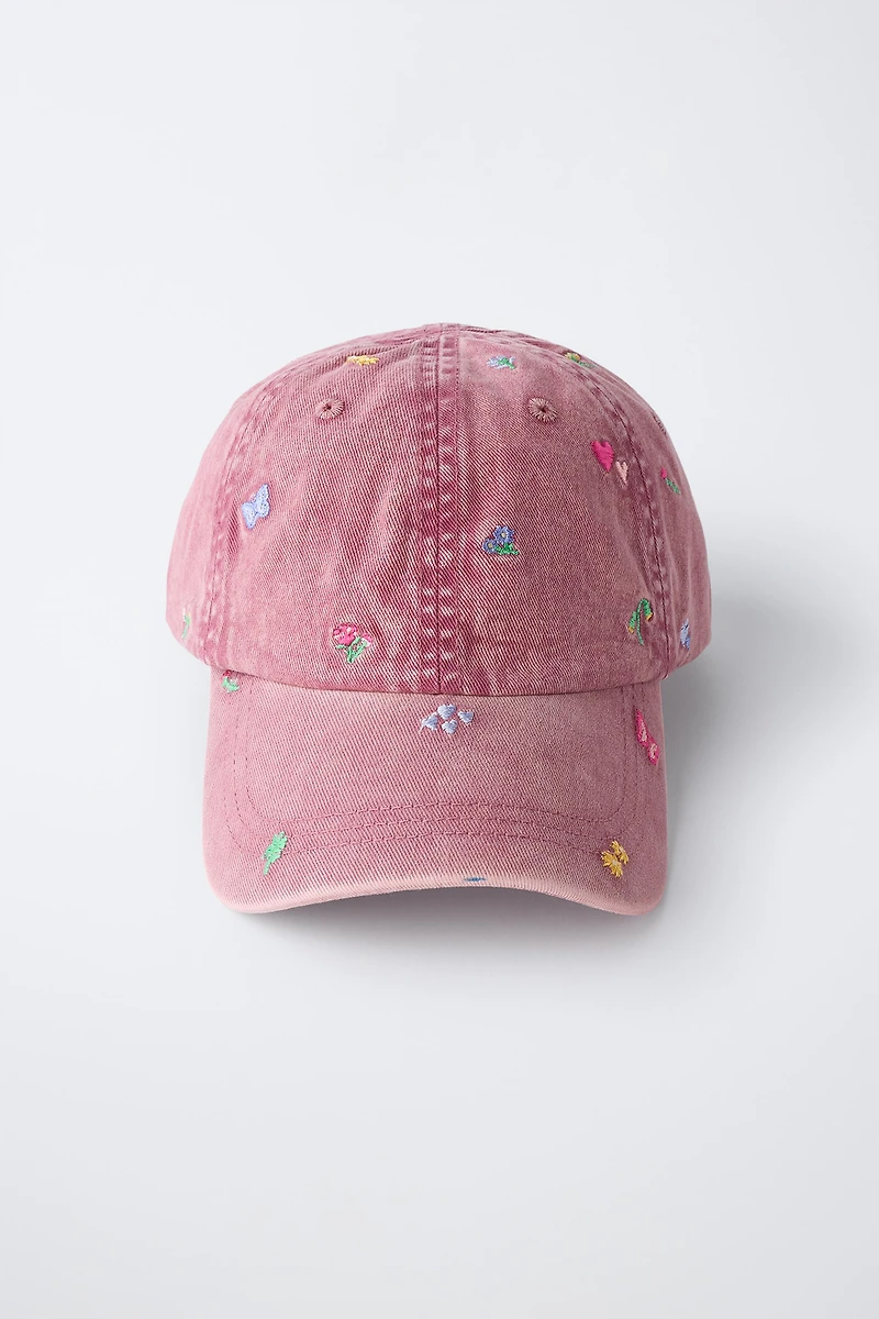 WASHED EFFECT EMBROIDERED FLORAL CAP