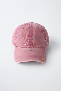 WASHED EFFECT EMBROIDERED FLORAL CAP