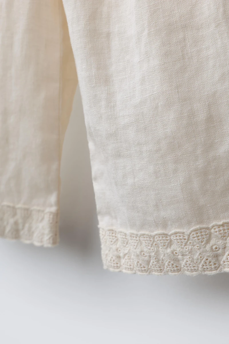 100% LINEN CULOTTE PANTS WITH LACE TRIM