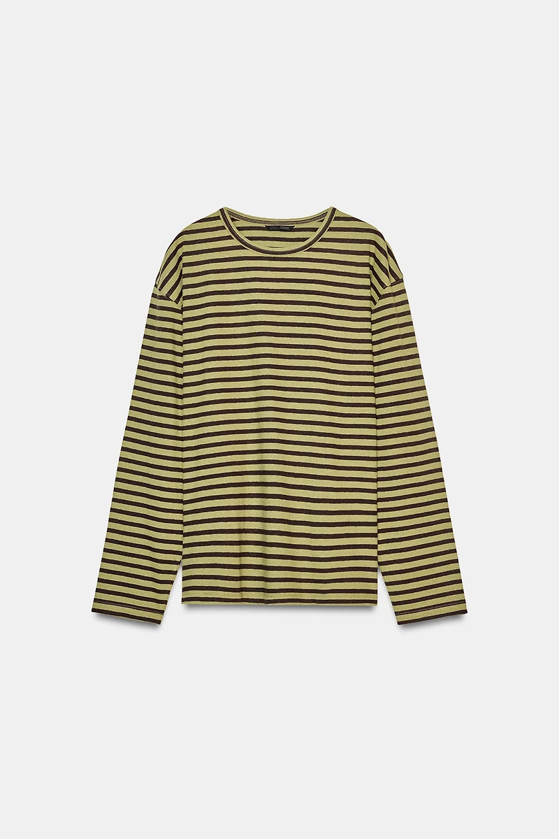 STRIPED COTTON AND LINEN T-SHIRT