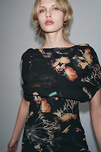 BEADED PRINTED CAPE DRESS