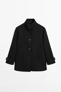 Manteau boutonné à col montant en laine mélangée