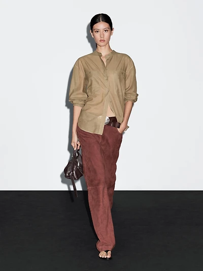Long shirt with stand collar