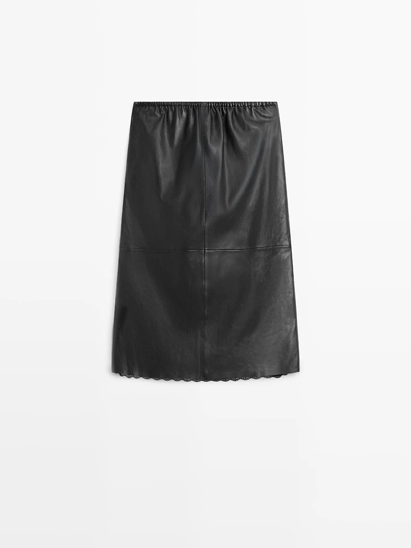 Nappa leather midi skirt with lace detail