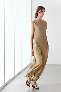 Asymmetric linen blend top with draped detail