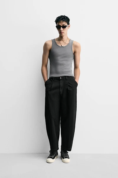 PLEATED WIDE FIT DENIM CHINO PANTS