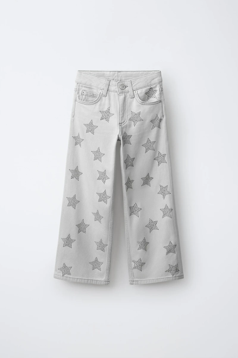 STAR PRINT STUDDED WIDE LEG JEANS
