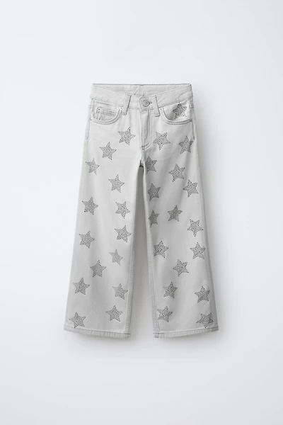 STAR PRINT STUDDED WIDE LEG JEANS