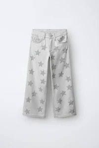 STAR PRINT STUDDED WIDE LEG JEANS