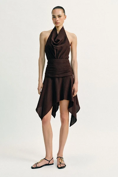 ASYMMETRIC HEM HALTER MINI DRESS