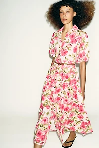 BELTED FLORAL PRINT MIDI DRESS