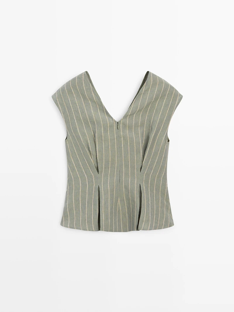 100% linen striped top with pleated details