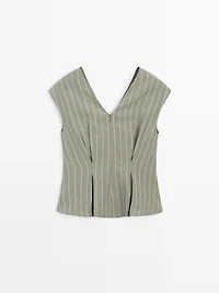100% linen striped top with pleated details