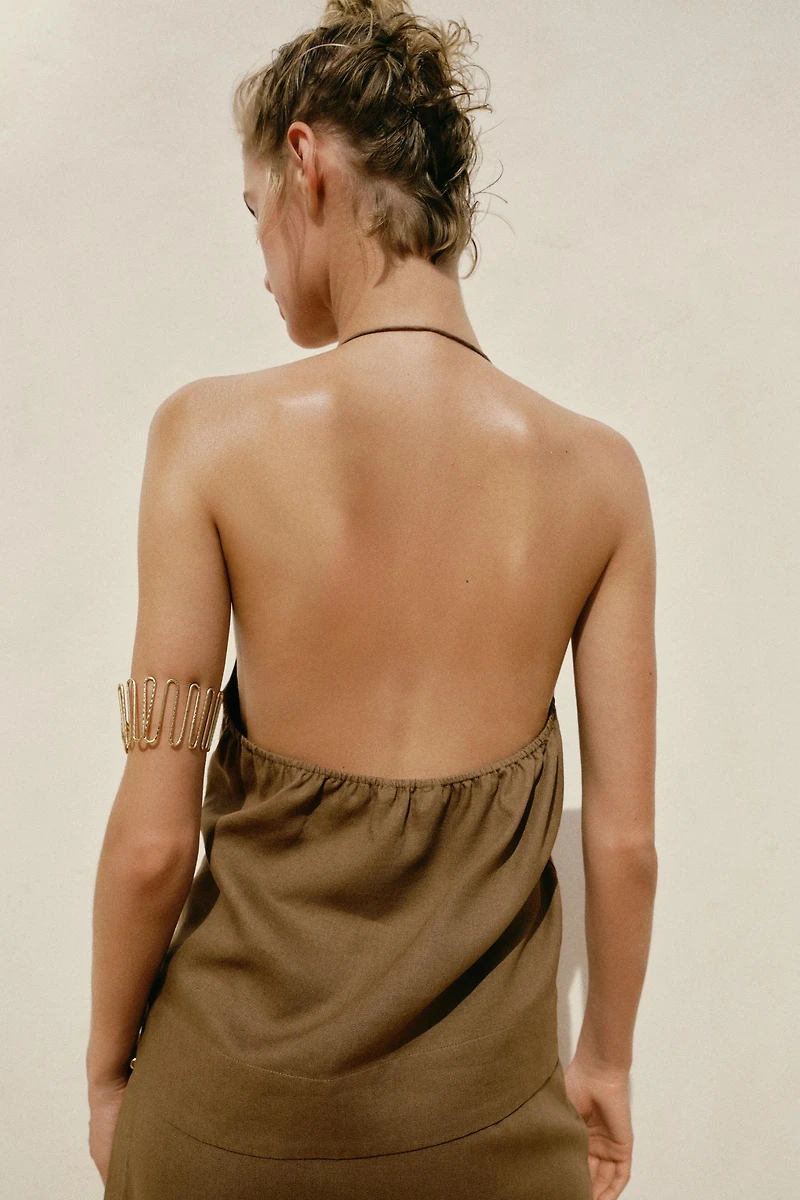 LINEN HALTER TOP WITH BEADS