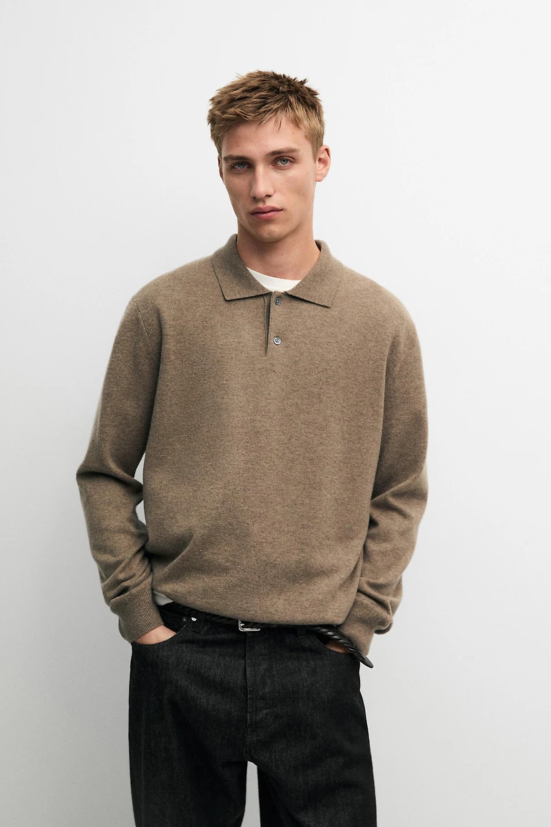 Wool blend knit polo sweater