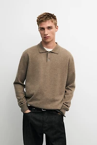 Wool blend knit polo sweater