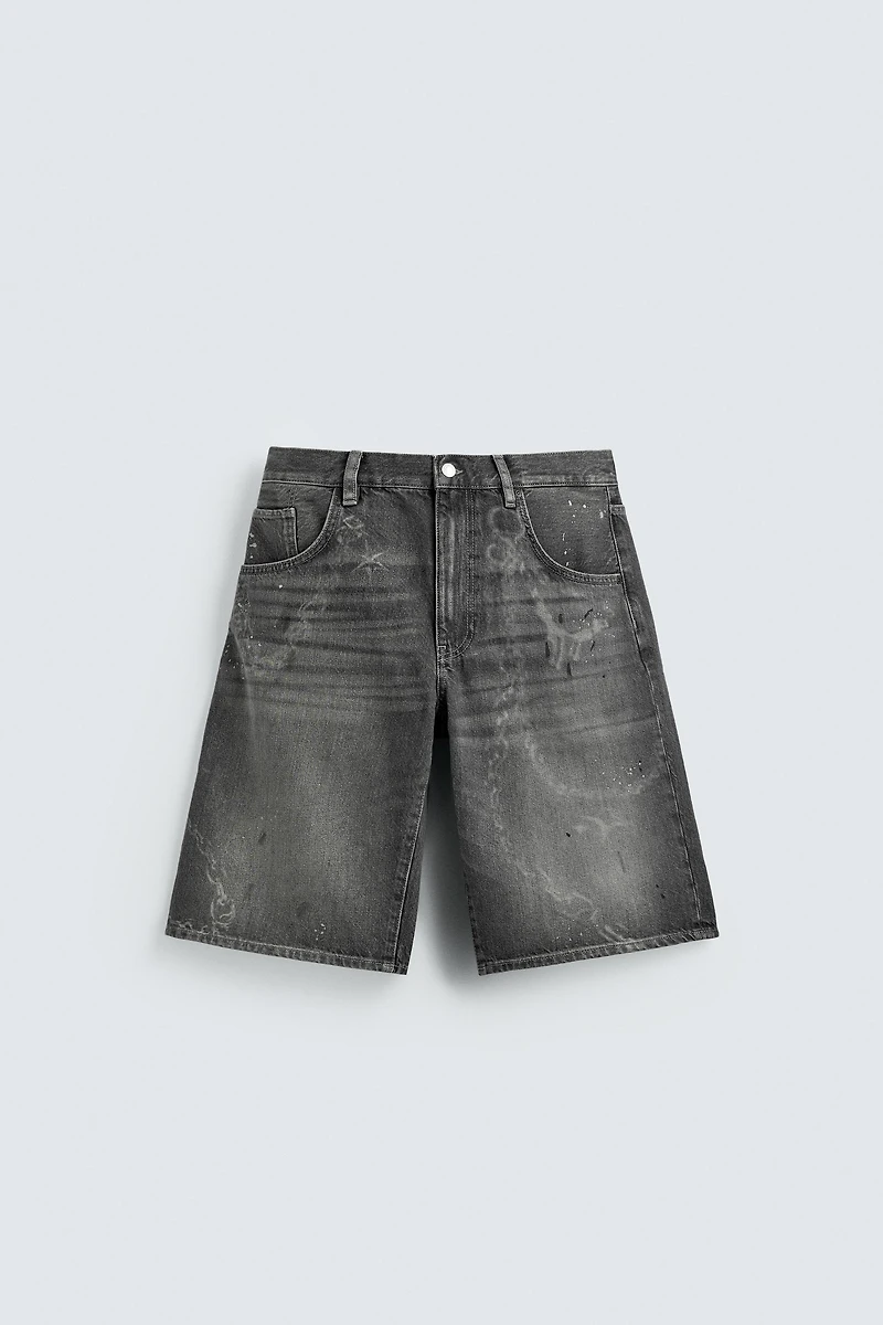 CHAIN EFFECT WASHED DENIM SHORTS
