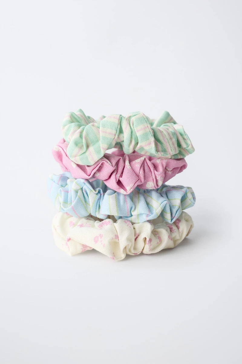 FOUR-PACK OF STRIPED AND FLORAL SCRUNCHIES