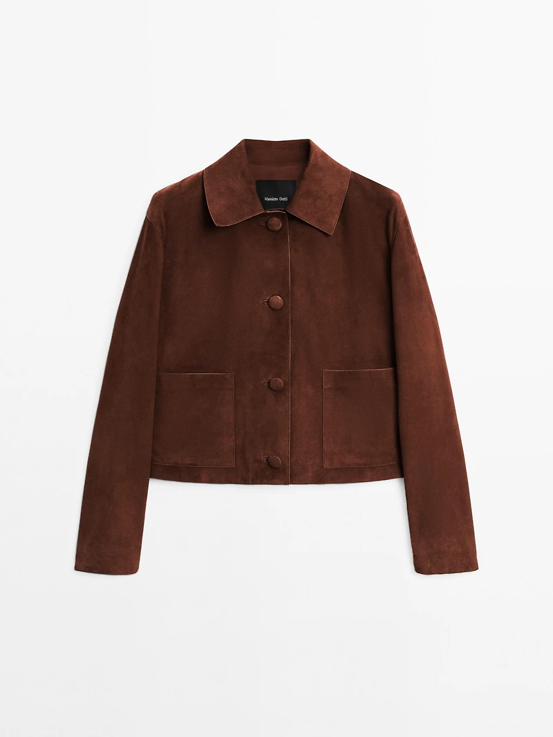 Cropped suede leather-lined jacket with buttons