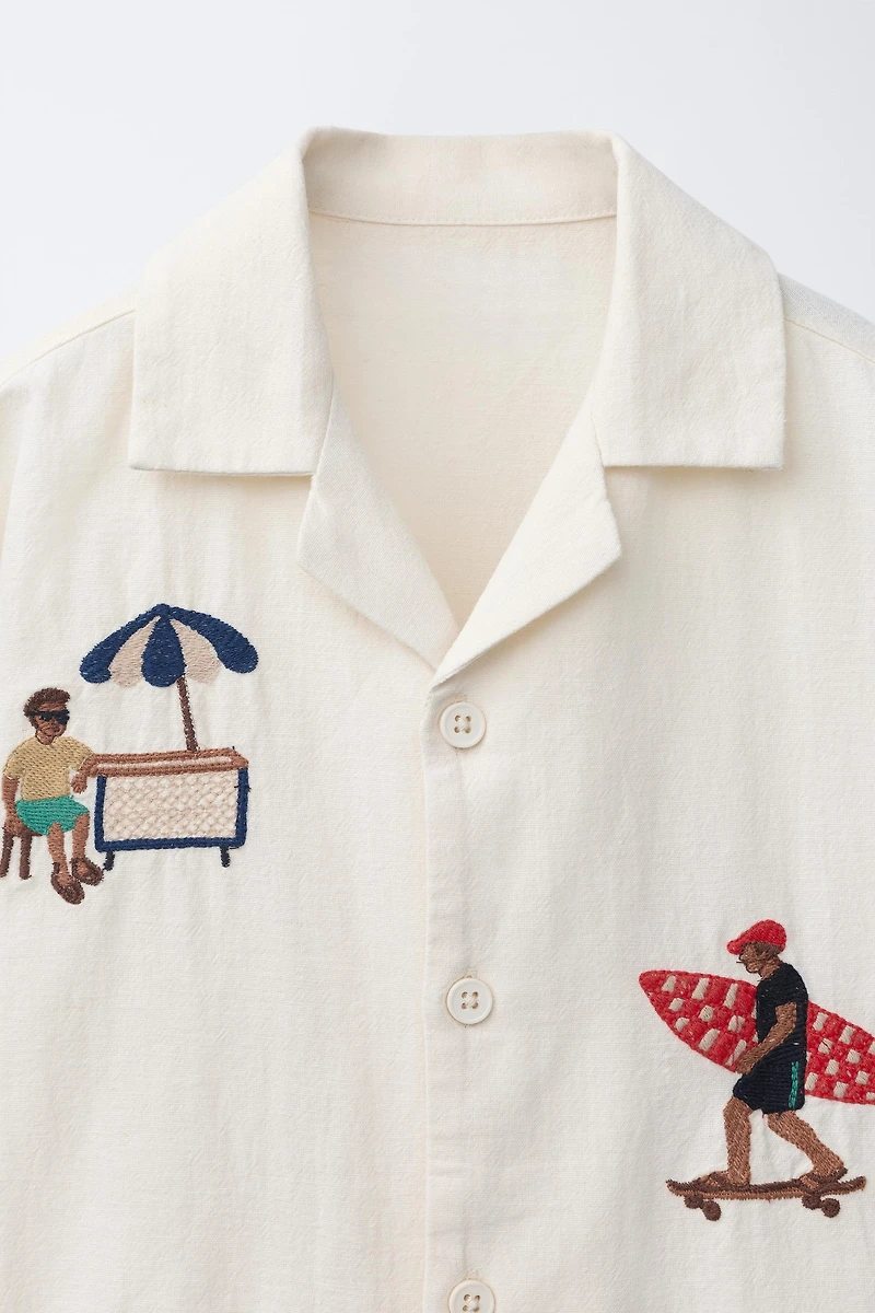 EMBROIDERED LINEN BLEND BOWLING SHIRT