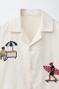 EMBROIDERED LINEN BLEND BOWLING SHIRT