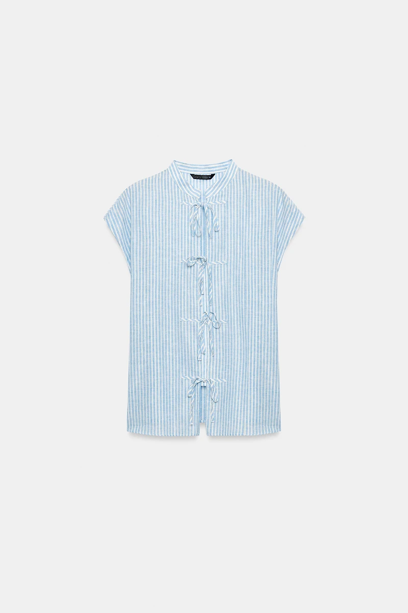 METALLIC THREAD STRIPED TIE BLOUSE