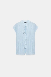 METALLIC THREAD STRIPED TIE BLOUSE
