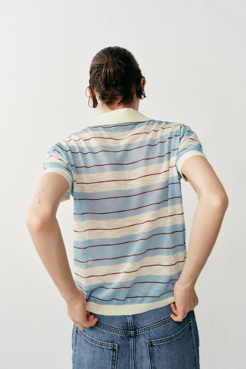 STRIPED KNIT POLO TOP