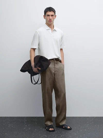 Short sleeve linen blend polo shirt