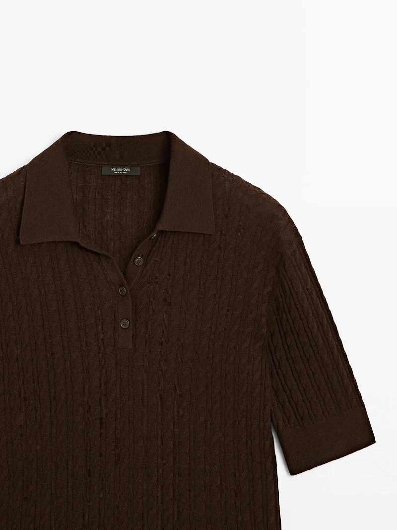 Polo laine en maille tressée