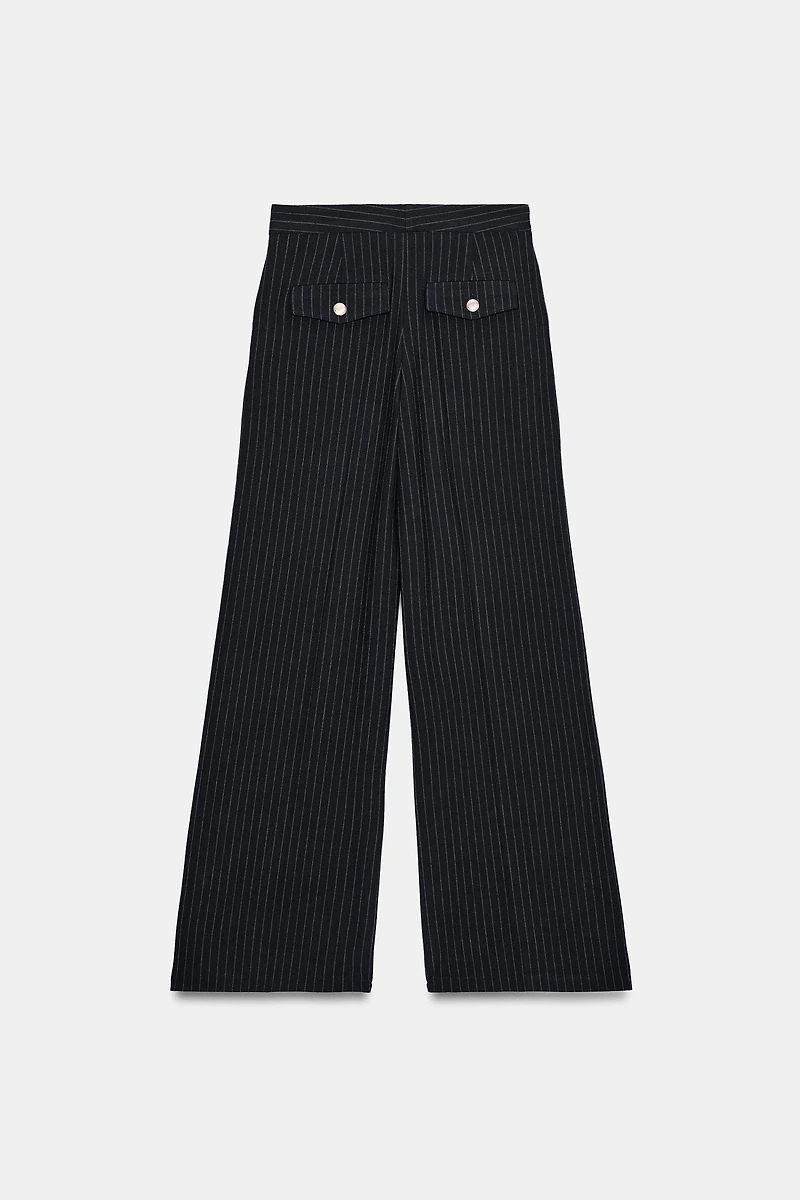 WIDE LEG PINSTRIPE PLEATED PANTS
