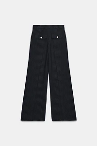 WIDE LEG PINSTRIPE PLEATED PANTS
