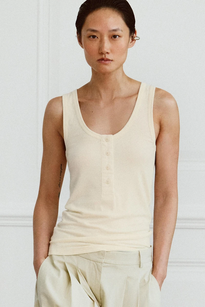 LINEN BLEND BUTTON-FRONT T-SHIRT