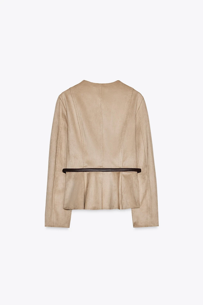 FAUX SUEDE BELTED PEPLUM JACKET