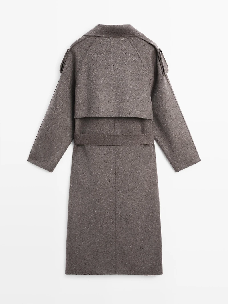Long wool blend trench coat with belt